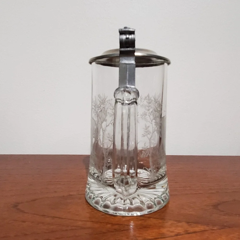 Vintage ALWE Etched Glass Beer Stein Marked W. Germany Pewter Lid Deer Elk Trees